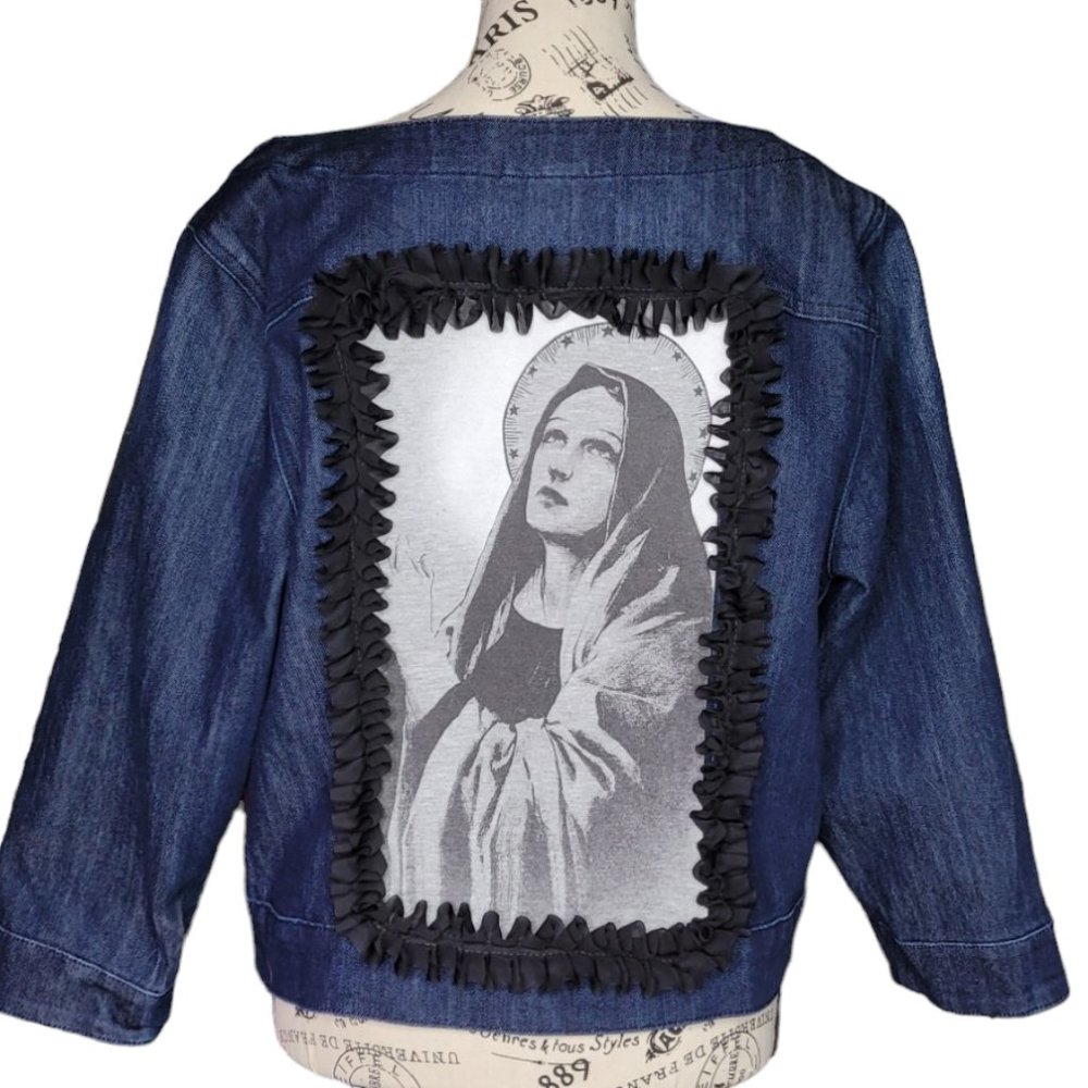 Religious Saint Mary Denim Jacket Refashioned Hand Crafted